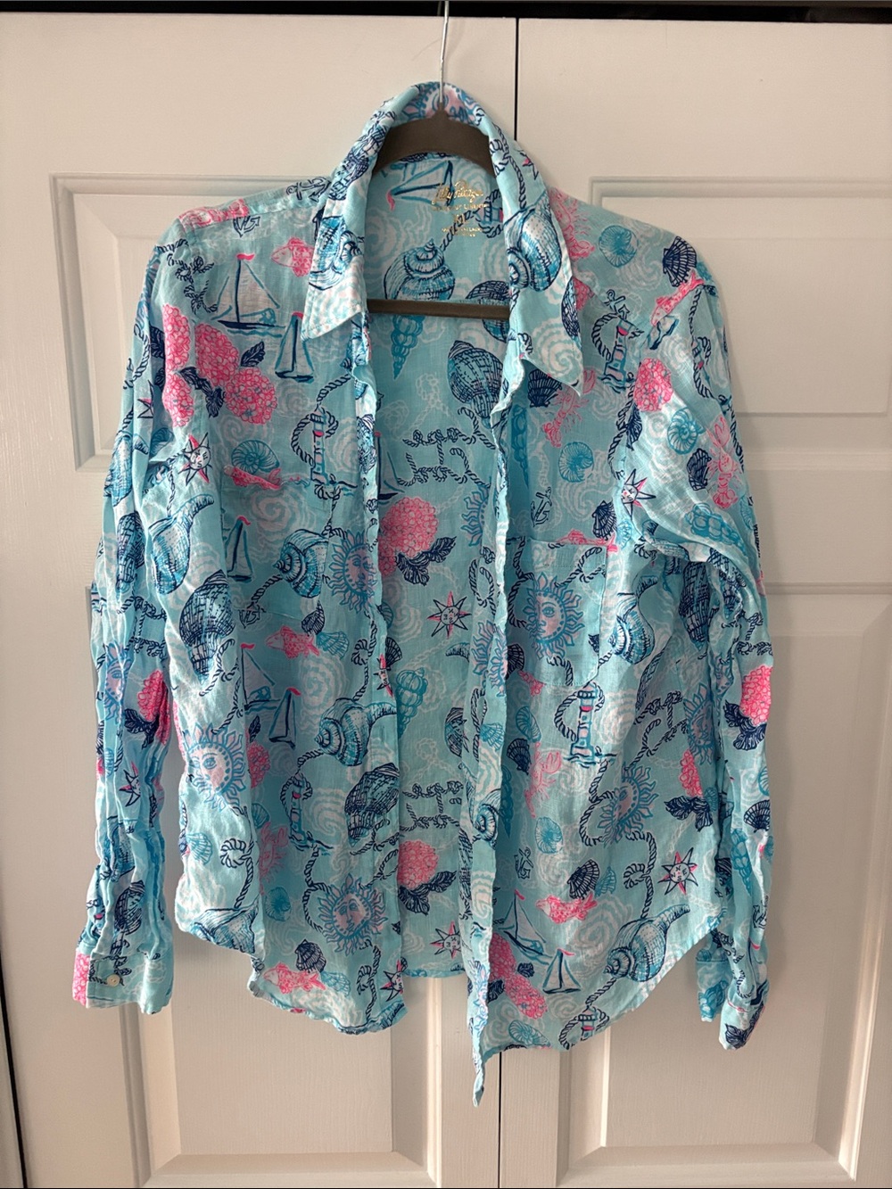 Lilly Pulitzer Light Blue Nautical Seashell Button-Up Blouse